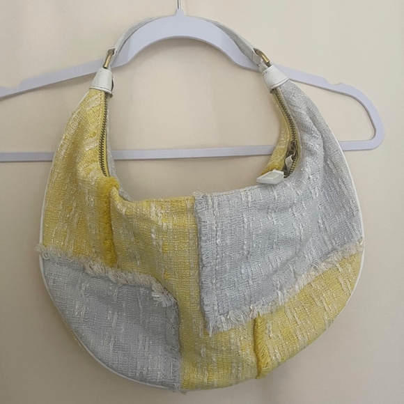 STAUD Handbags - Staud Sasha Bicolor Tweed Patchwork Shoulder Bag In Lemon